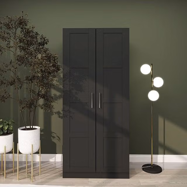 HOMCOM Modern Black Double Wardrobe with Soft-Close Hinged Doors, Hanging Rail and Internal Shelves, H 180 x W 80 cm – 1
