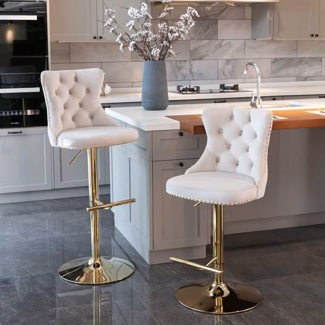 Modern Home Touch Set of 2 Luxury Velvet Swivel Bar Stools with Gold Metal Base, Beige