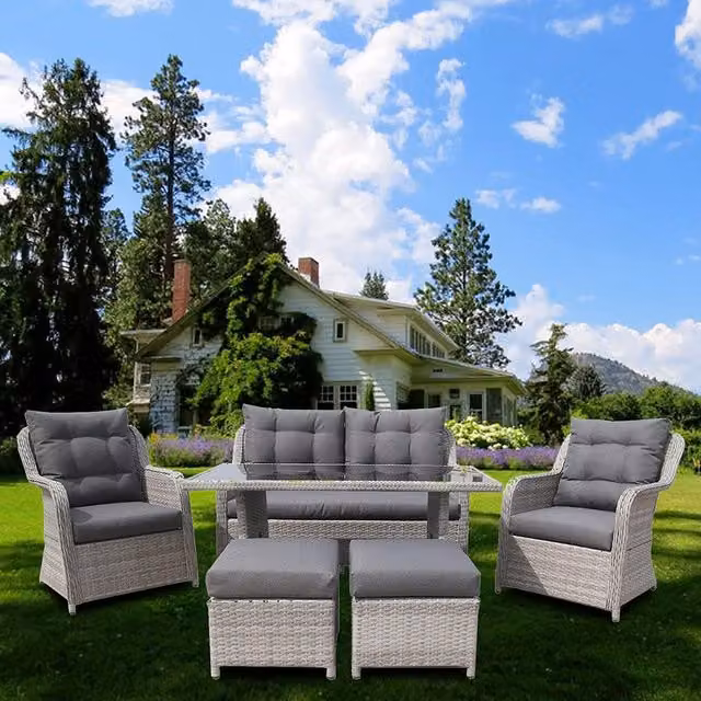 Furniture One 6 Seat Grey Rattan Garden Dining Set with Aluminium Frame and Glass Tabletop, W/D/H: 130 x 70 x 68 cm