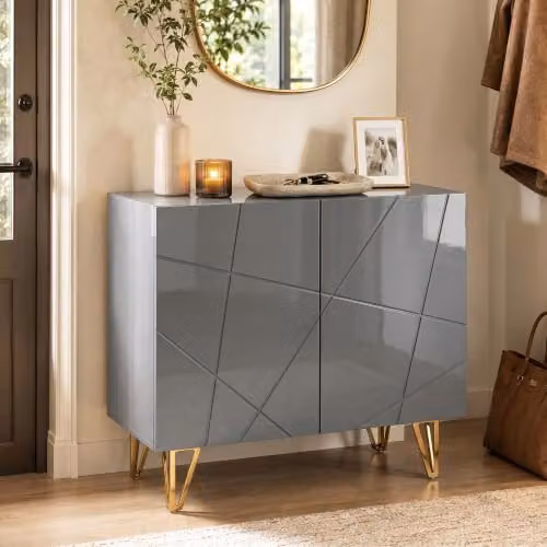 HOMCOM Modern Glossy Grey Storage Cabinet with Gold Accents, W/D/H: 80 x 40 x 75 cm – 6
