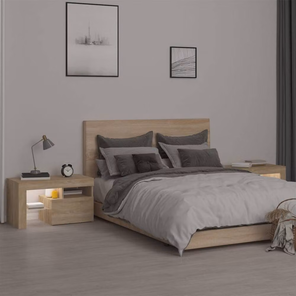 Berkfield Home Set of 2 Modern Bedside Cabinets with Integrated LED Lights in Sonoma Oak Brown, W/D/H: 70 x 36.5 x 40 cm – 2