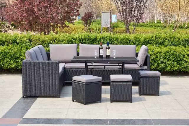 Life Interiors 9-Seater Corner Rattan Garden Lounge Set in Black and Grey with Glass Table and Polyester Cushions