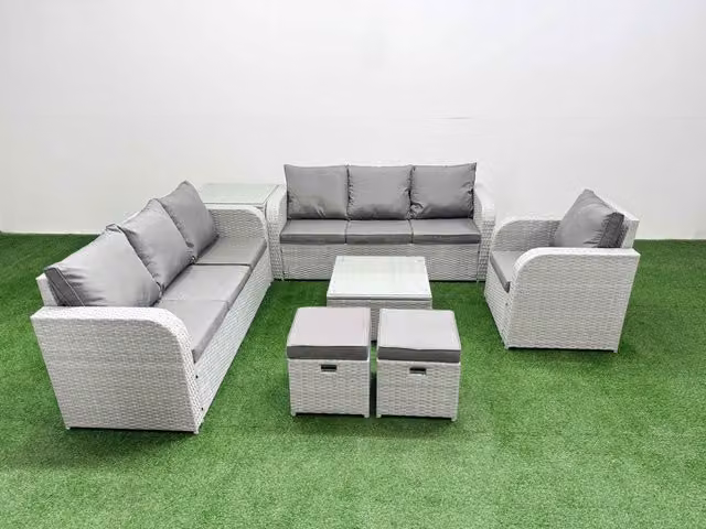 Fimous 9 Seater Poly Rattan Garden Furniture Set in Grey with Upholstered Cushions, Coffee Table, 3 Seater Sofas, Reclining Chairs and Ottomans