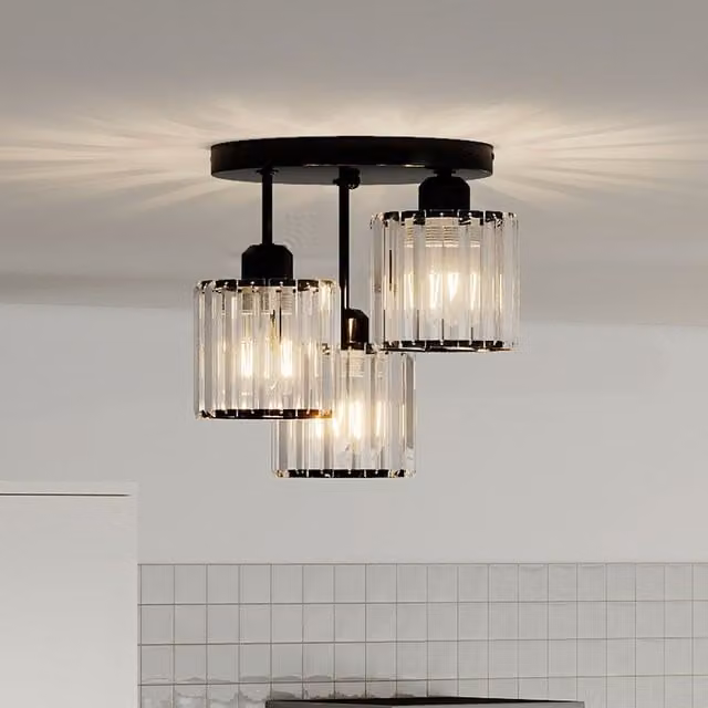 Emitto Modern Crystal Semi Flush Ceiling Light in Black and Silver with 3 x E27 Bulbs