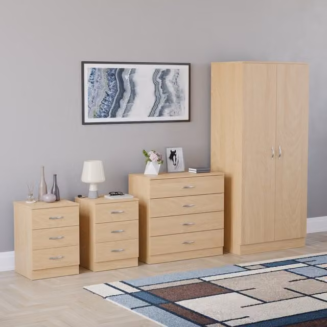 Vida Designs Riano 4 Piece Modern Bedroom Set in Pine Finish, including 2 x 3 Drawer Bedside Chests, 1 x 4 Drawer Chest and 1 x 2 Door Wardrobe