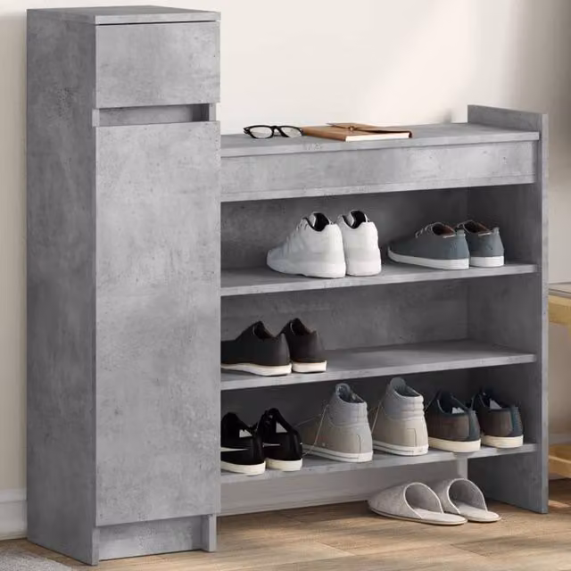 Berkfield Home Shoe Cabinet in Concrete Grey with Integrated Seat, W/D/H: 100.5 x 28 x 100 cm