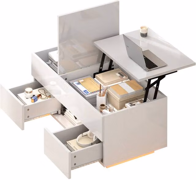 ModernLuxe High Gloss LED Lift Top Coffee Table with 2 Drawers in White