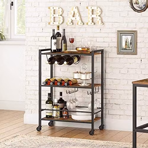 HYGRAD BUILT TO SURVIVE 3 Tier Industrial Red Wooden and Metal Rolling Kitchen Serving Cart Trolley, W/D/H: 88 x 64 x 35 cm – 1