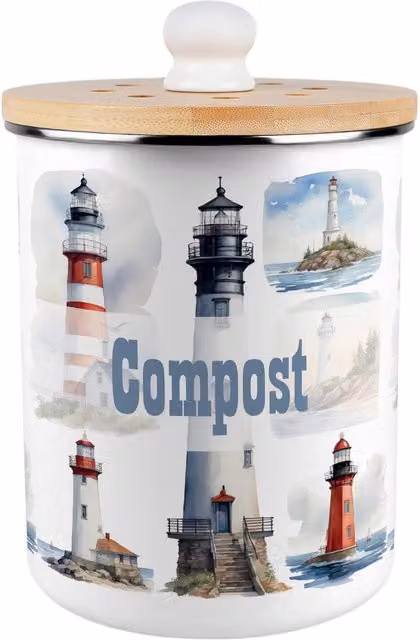 Purely Home Painted Lighthouses Metal Compost Caddy with Flip Lid, 2L, Blue and Multicolour