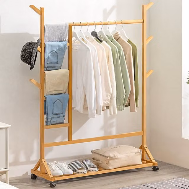 Livingandhome Bamboo Clothes Rack with Dual Hook and Rail Matrix in Brown