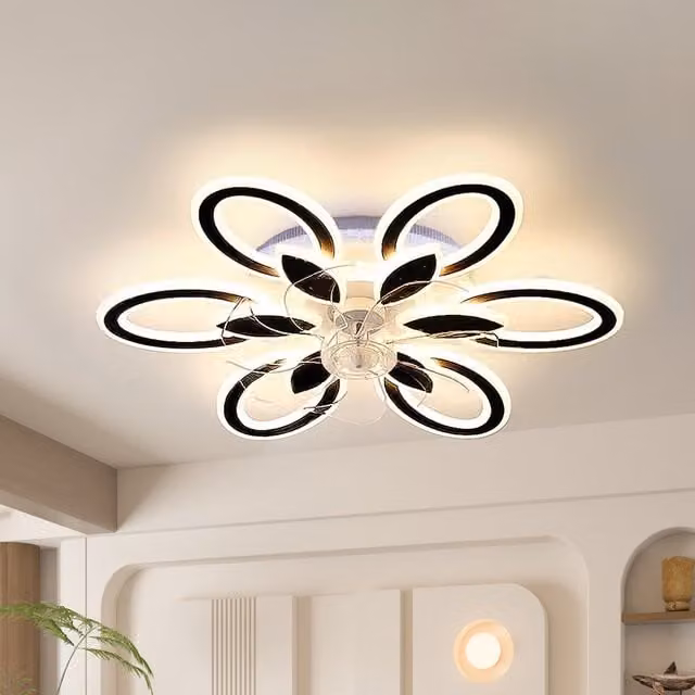 Livingandhome RGB Flower-Shaped LED Ceiling Fan Light with Remote Control, Black and Transparent