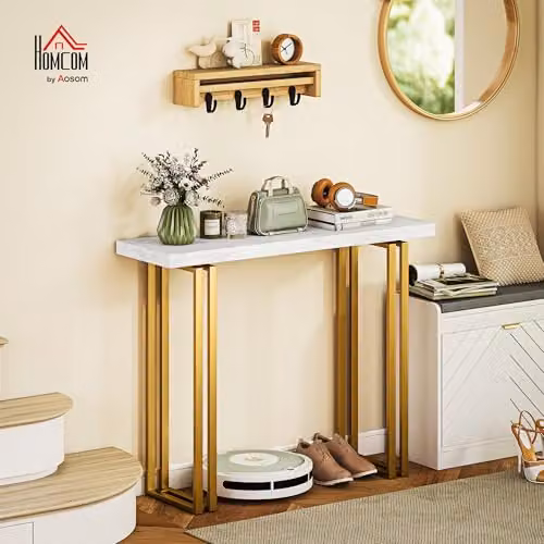 HOMCOM Modern Console Table with Faux Marble Top in White and Gold, W: 100 cm, D: 30 cm, H: 78.5 cm – 2