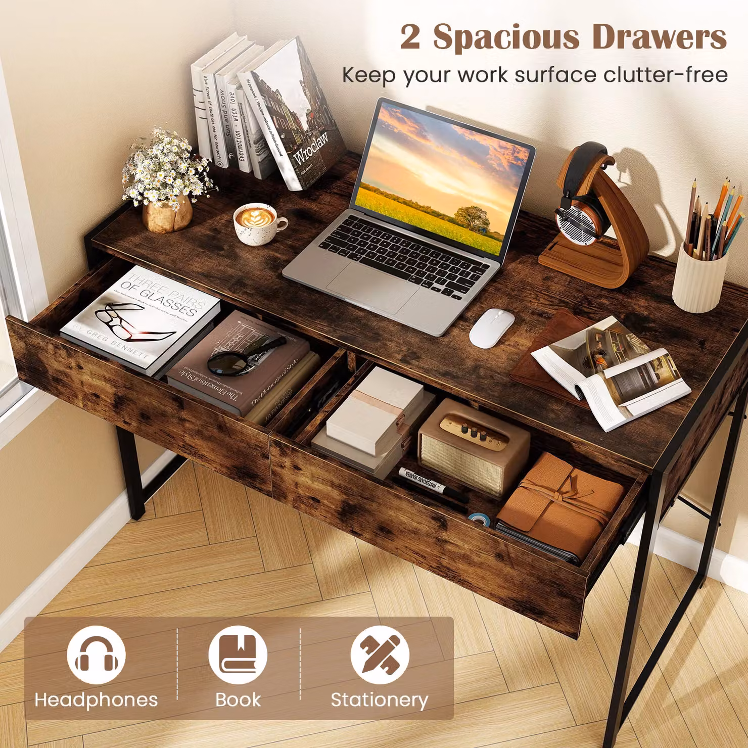 Gymax Modern Compact Computer and Writing Desk with 2 Drawers, Brown – 3