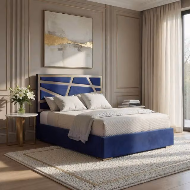 KDMD Frilford Blue Velvet Upholstered Metal Designer Bed Frame, W/D/H: 200 x 189 x 127 cm – 1