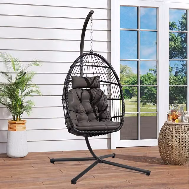 Komore Modern Black Hanging Chair with Rattan and Steel Frame and Polyester Cushion