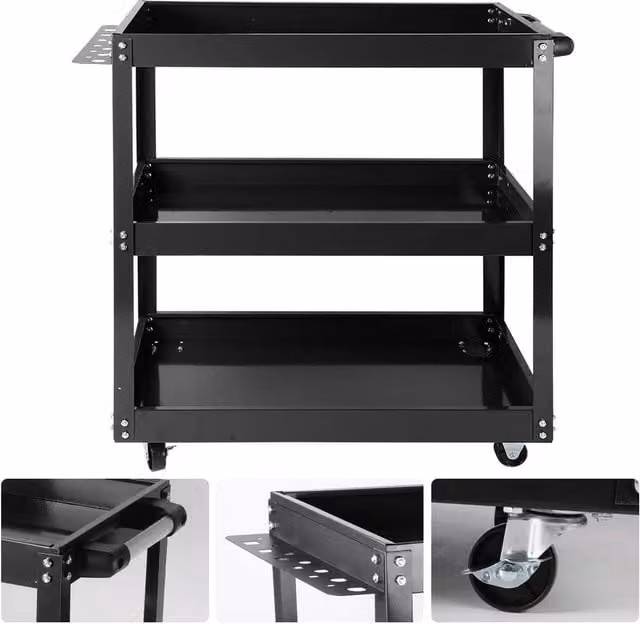 FLAVORA 3 Tier Heavy Duty Rolling Tool Cart Storage Trolley, Black, W/D/H: 50 x 50 x 50 cm