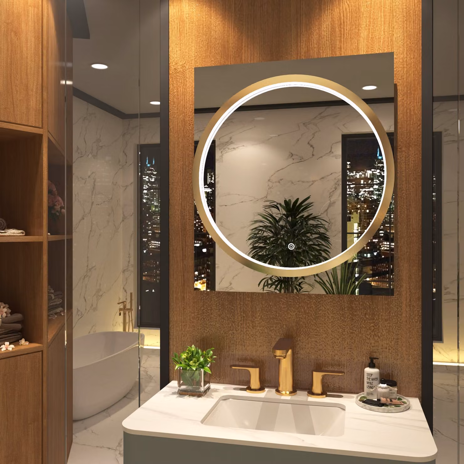 Royal Bathrooms Monaco Round LED Illuminated Framed Mirror in Gold with Demister Pad and Touch Sensor, W: 60 cm, H: 70 cm