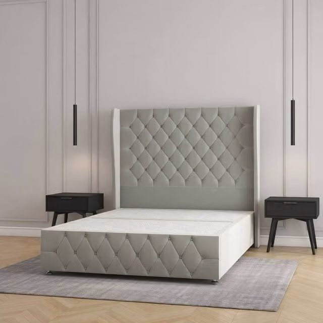 Regional Furnishings Plush Velvet Divan Bed with Headboard and Footboard in Silver Grey, W/D/H: 90 x 200 cm