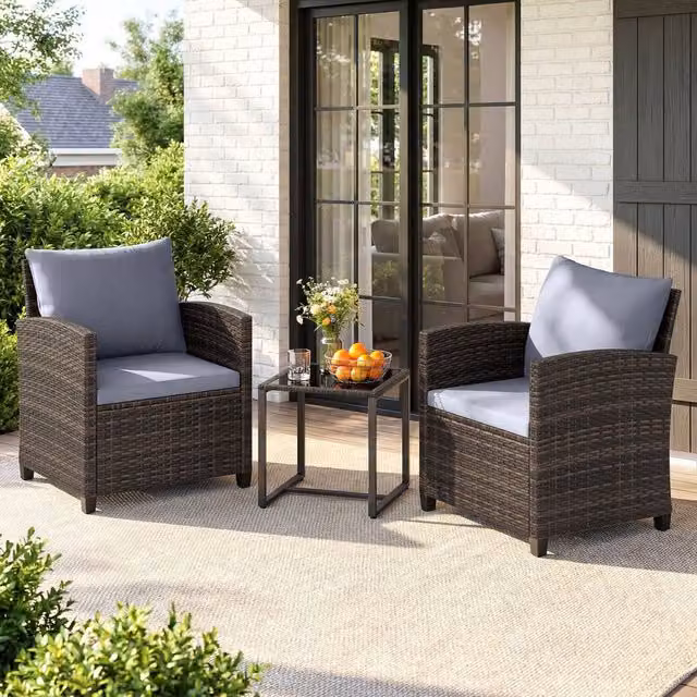 Costway 3-Piece Grey PE Rattan Outdoor Bistro Set with Upholstered Cushions and Coffee Table