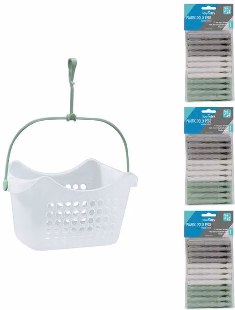 JVL Peg Basket with 72 Plastic Dolly Pegs in Assorted Grey, White and Green – 1