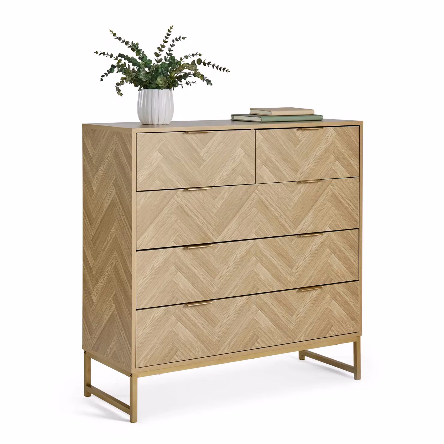 VonHaus Ducie 5 Drawer Herringbone Design Bedroom Chest of Drawers in Natural and Gold – 2