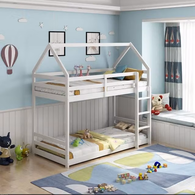 Kosy Koala White Solid Wood House Bunk Bed for Children with 2 Mattresses Included