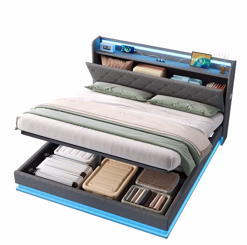 STILVORA King Size Bed Frame with Lift Up Storage, LED Lighting and USB Charging Ports in Grey – 5