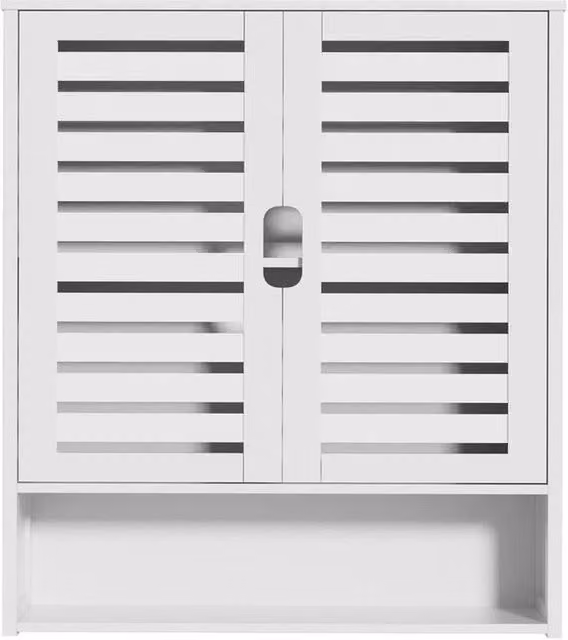 VOGREX White Lacquered Bamboo Wall Mounted Bathroom and Kitchen Storage Cabinet with Hinged Doors and Internal Shelves