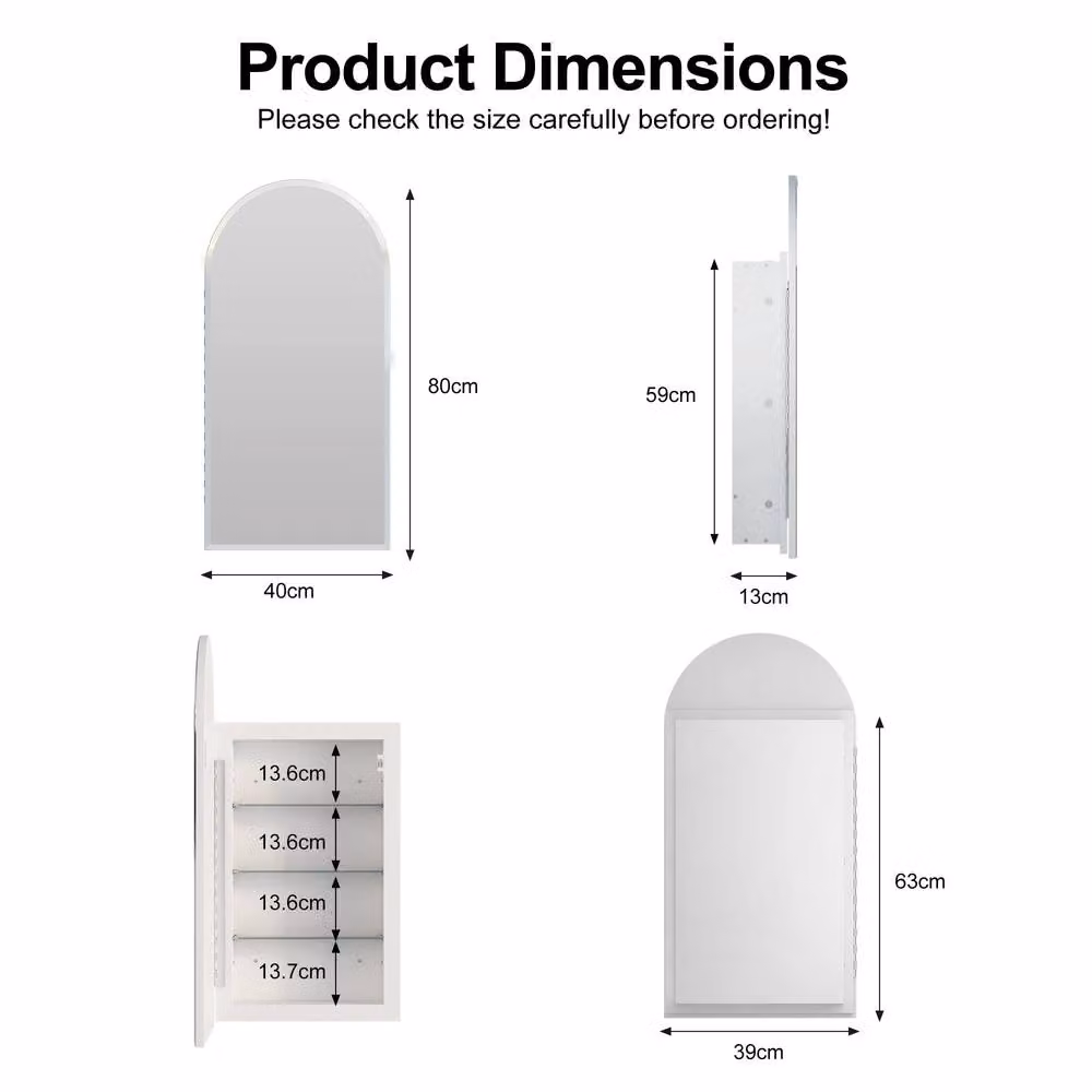 KEEPREAPER Frameless Arched Bathroom Mirror Cabinet in White with 3 Glass Shelves, W/H: 40 x 80 cm – 2