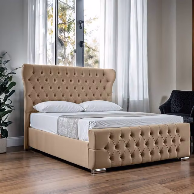 UK Bed Furniture Isabella Upholstered Slatted Base Bed with 48 Inch Wingback Headboard in Beige, W/D/H: 120 x 200 cm – 1