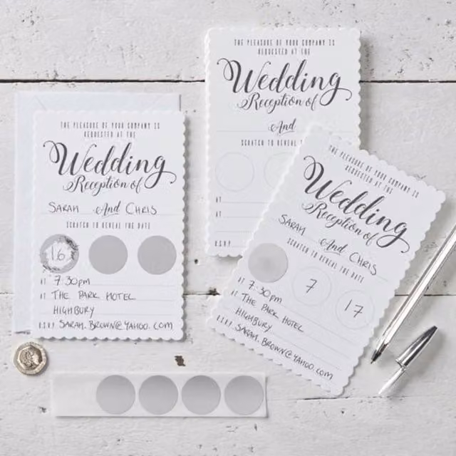 KDMD White and Silver Scratch The Date Wedding Evening Invitations with Scratch and Reveal Feature