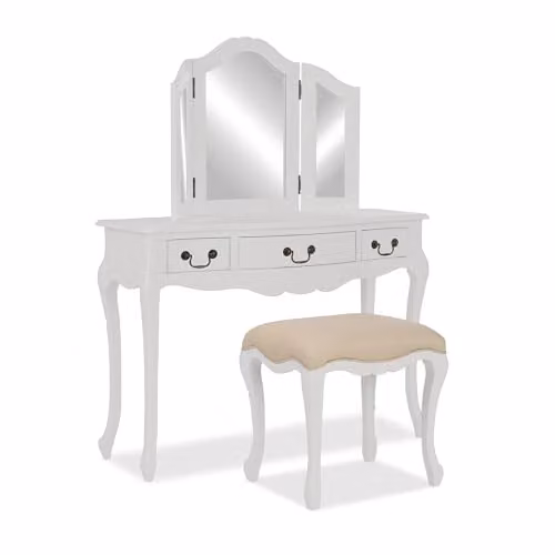Statement Furniture Juliette White Dressing Table Set with 3 Drawers, Tri-Fold Mirror and Stool
