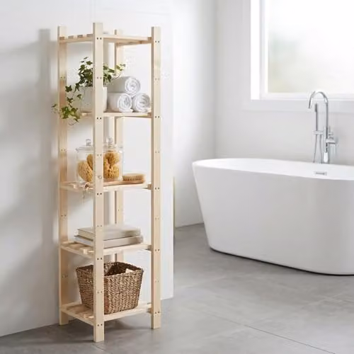 Core Products Narrow 5-Shelf Pine Storage Rack, Brown Wooden Freestanding Shelf Unit – 1