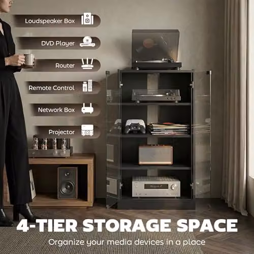 HOMCOM Modern Black Hi-Fi Stand with Glass Doors and Internal Shelves, W: 91 cm, D: 40 cm, H: 54 cm – 3
