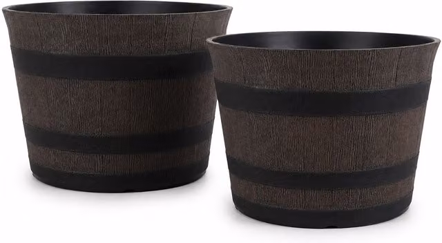 Simpa Homestead Brown Half Barrel Cask Planters, Set of 2, Dark Brown