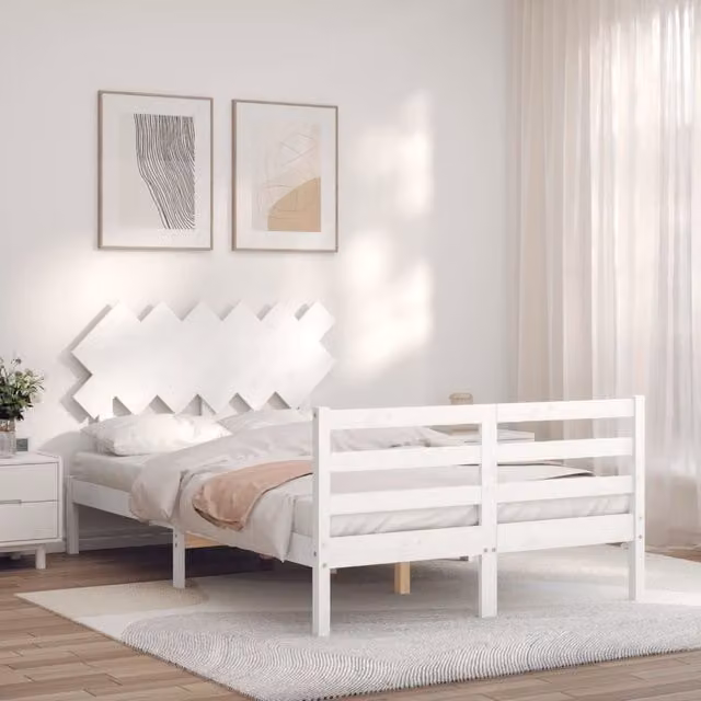 Berkfield Home Small Double Bed Frame with Headboard in White Solid Pine Wood, W/D/H: 120 x 200 cm – 1