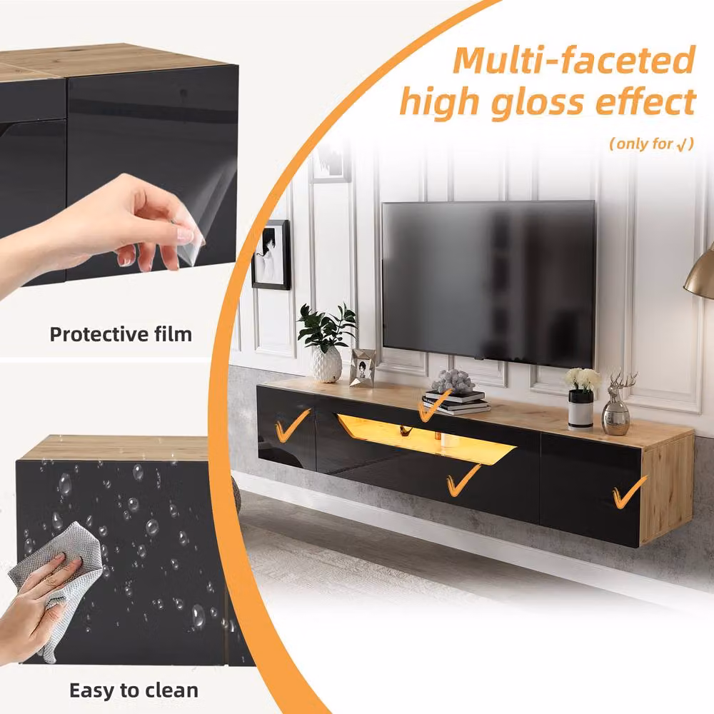 Merax Modern Wall Mounted Floating TV Stand with Integrated LED Lighting, Black – 4