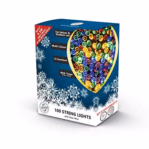 Shatchi 100 LED Multicolour Fairy String Lights, 10m, Waterproof with Timer and Mains Power Supply – 4