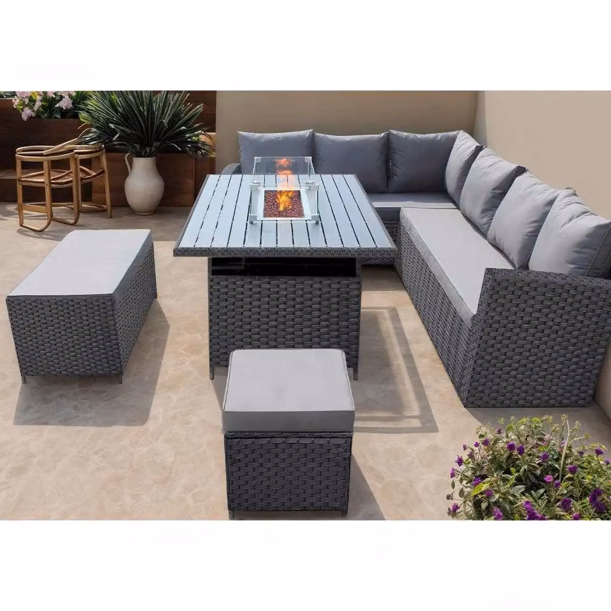 Furniture Maxi Rosen 9 Seater Rattan Garden Furniture Set with Black Aluminum Fire Pit Dining Table and Storage Box – 2