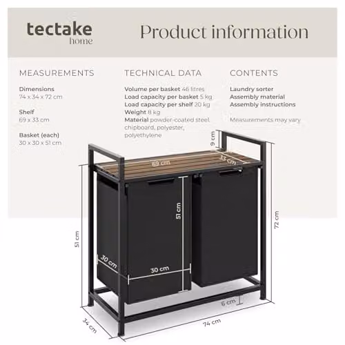 tectake Dual Laundry Basket with 2 x 46L Capacity, Water- and Smell-Resistant Fabric, Pull-Out Baskets with Steel Frame and Wooden Look Top Shelf, Black/Brown – 6
