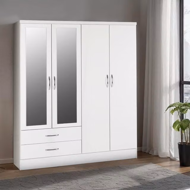 Seconique Nevada White High Gloss 4 Door 2 Drawer Mirrored Wardrobe