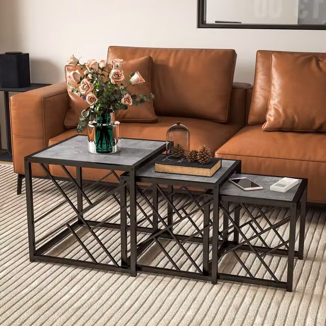 HOMCOM Set of 3 Nesting Square Coffee Tables with Metal Frame in Grey and Black