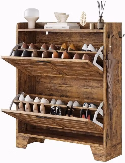 KORVIXA Brown Rustic Tilt-out Shoe Cabinet with Internal Shelves W/D/H: 100 x 100 x 23.88 cm