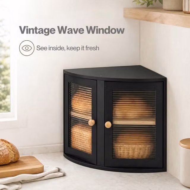 Toque Double-Layer Bamboo Corner Bread Bin in Black