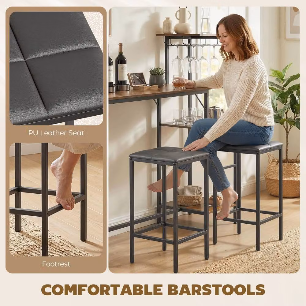 STILVORA 3 Piece Bar Table and Stools Set with Storage in Brown – 4