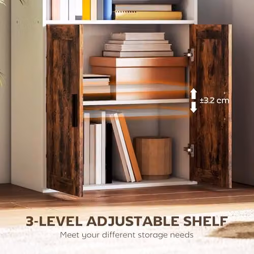 HOMCOM 5-Tier Rustic Brown Bookcase with 2 Doors and Open Shelves – 3