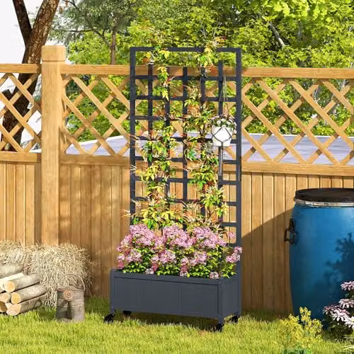 Outsunny Wooden Trellis Raised Garden Bed with Wheels, Grey, W/D/H: 186 x 54 x 35 cm – 6