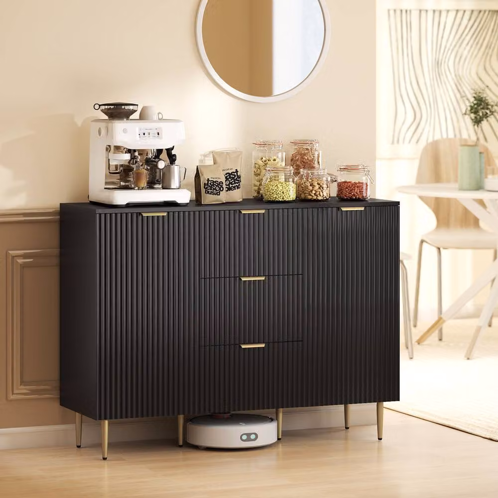 STILVORA Black Classic Sideboard with 3 Drawers and 2 Door Cupboards – 3