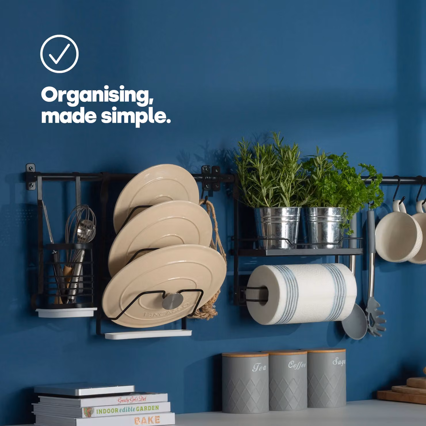 LIVIVO Wall Mounted 3-Tier Metal Saucepan Lid and Tray Organiser Rack in Black, W: 37.8 cm, H: 23.6 cm, D: 12.8 cm – 2