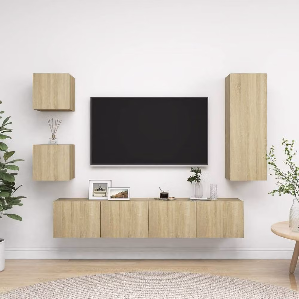 Berkfield Home Practical 5 Piece TV Cabinet Set in Sonoma Oak and Beige Engineered Wood W/D/H: 90 x 30 x 30 cm – 1